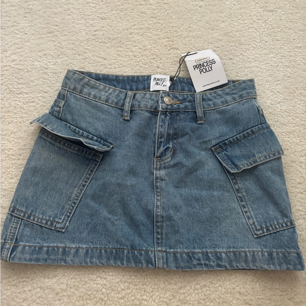 PRINCESS POLLY (NWT) ZAKAI CARGO DENIM MINI SKIRT ICE BLUE | SIZE 2